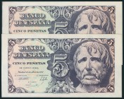 5 Pesetas. 12 de Abril de 1947. Pareja correlativa. Serie D. (Edifil 2017: 454a). EBC.