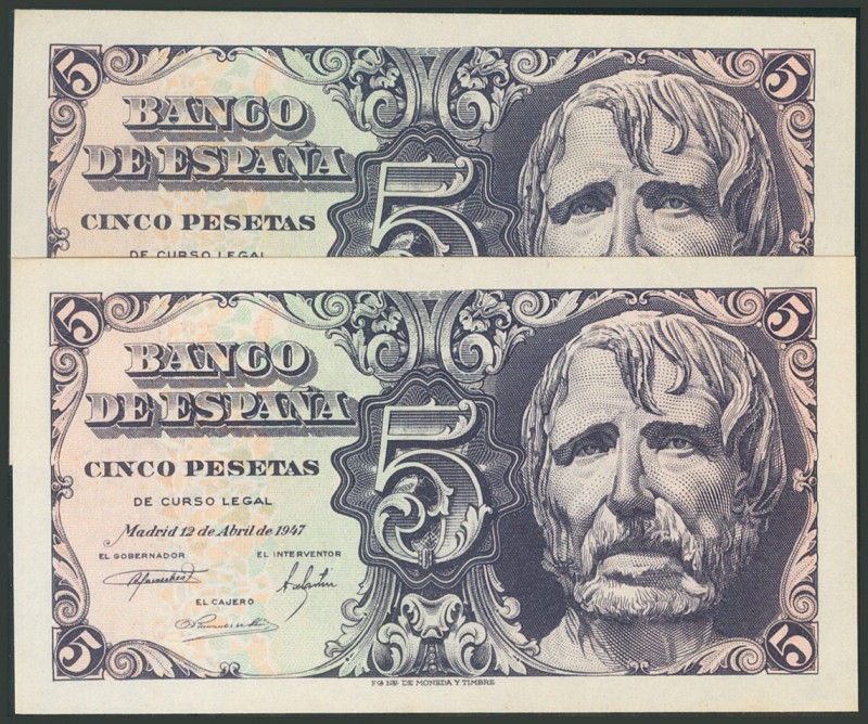 5 Pesetas. 12 de Abril de 1947. Pareja correlativa. Serie D. (Edifil 2017: 454a)...