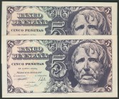 5 Pesetas. 12 de Abril de 1947. Pareja correlativa. Serie D. (Edifil 2017: 454a). SC.