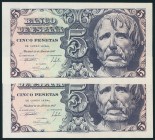5 Pesetas. 12 de Abril de 1947. Pareja correlativa. Serie E, última emitida. (Edifil 2017: 454a). Apresto original. SC.