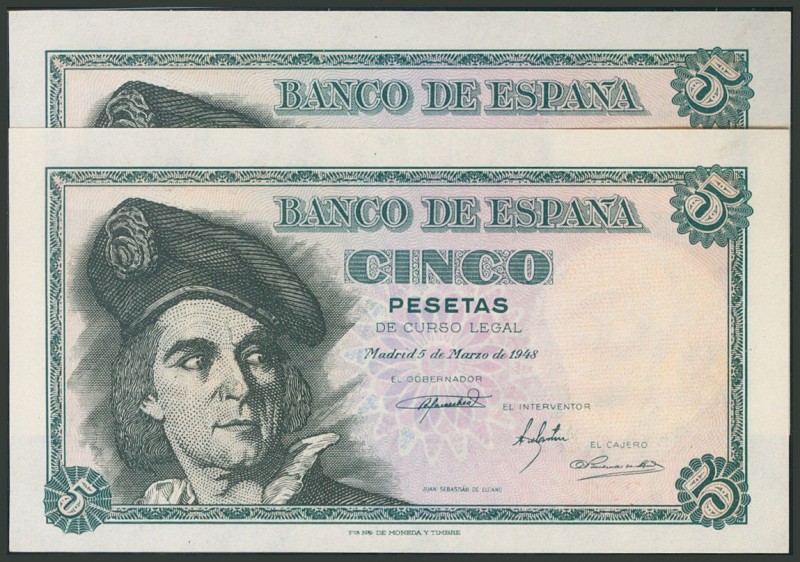 5 Pesetas. 15 de Marzo de 1948. Pareja correlativa. Serie E. (Edifil 2017: 455a)...