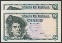 5 Pesetas. 15 de Marzo de 1948. Pareja correlativa. Serie E. (Edifil 2017: 455a). Apresto original. SC.