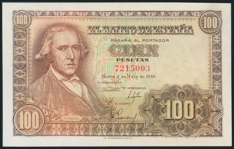100 Pesetas. 2 de Mayo de 1948. Sin serie. (Edifil 2017: 456). Inusual. SC-.