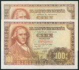 Conjunto de 2 billetes de 100 Pesetas emitidos el 2 de Mayo de 1948 con las series H y E, respectivamente (Edifil 2017: 456a). EBC.