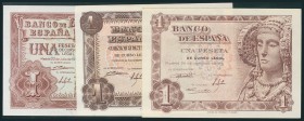 Conjunto de 3 billetes de 1 Peseta emitidos el 19 de Junio de 1948, 19 de Noviembre de 1951 y 22 de Julio de 1953 con las series G, D y X, respectivam...