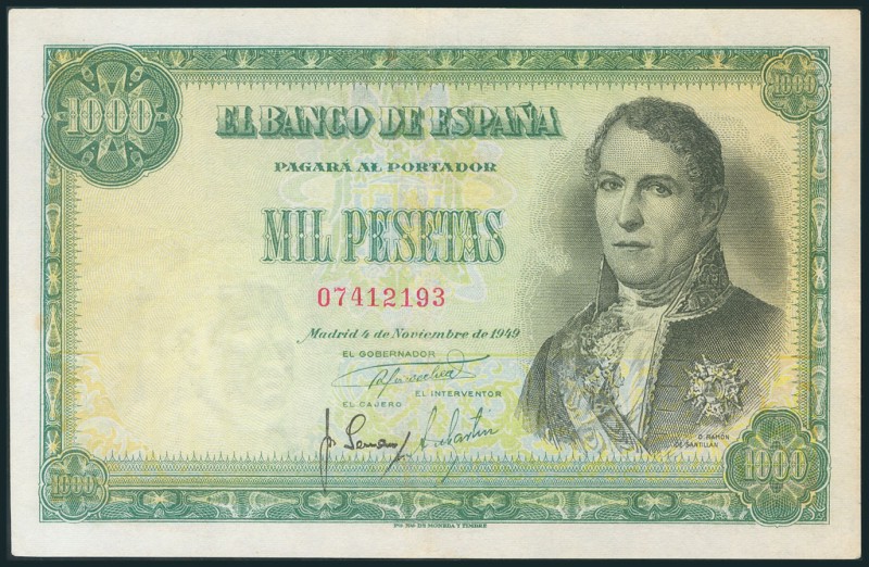 1000 Pesetas. 4 de Noviembre de 1949. Sin serie. (Edifil 2017: 458). Restaurado,...