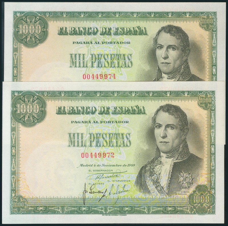 1000 Pesetas. 4 de Noviembre de 1949. Pareja casi correlativa. Sin serie. (Edifi...