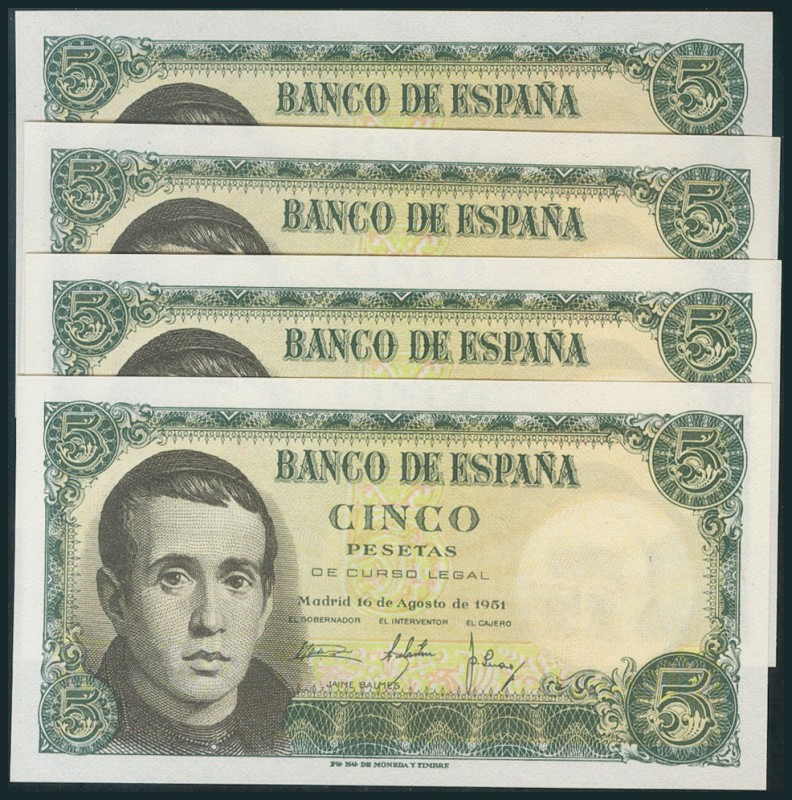 Conjunto de 4 billetes correlativos de 5 Pesetas emitidos el 16 de Agosto de 195...