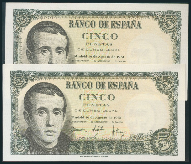 5 Pesetas. 16 de Agosto de 1951. Pareja correlativa. Serie 1H. (Edifil 2017: 459...