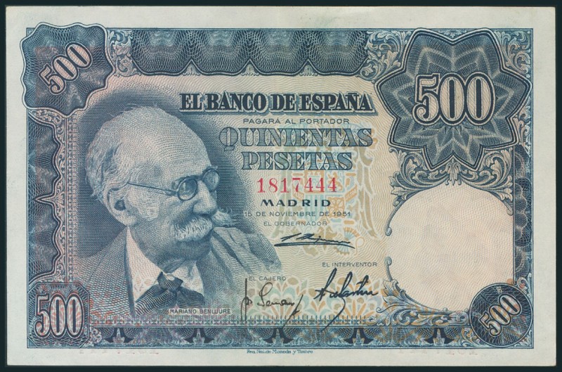 500 Pesetas. 15 de Noviembre de 1951. Sin serie. (Edifil 2017: 460). Apresto ori...