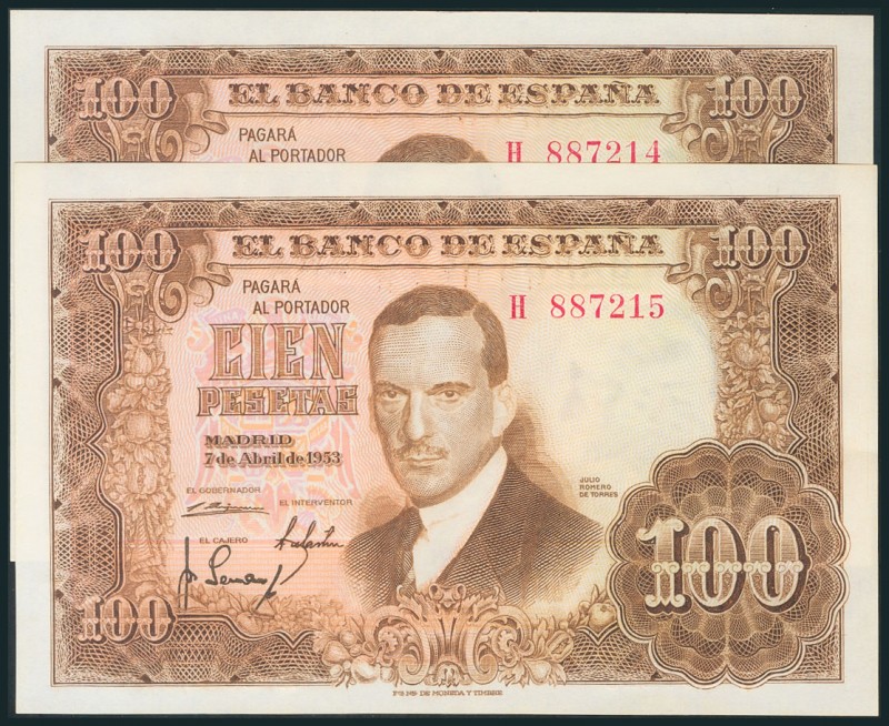 100 Pesetas. 7 de Abril de 1953. Pareja correlativa. Serie H. (Edifil 2017: 464b...