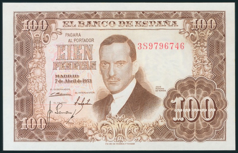 100 Pesetas. 7 de Abril de 1953. Serie 3S. (Edifil 2017: 464c). Apresto original...