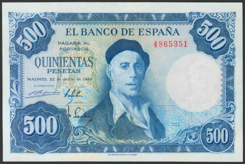 500 Pesetas. 22 de Julio de 1954. Sin serie. Invisible doblez vertical. (Edifil ...