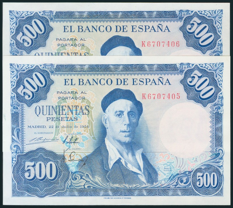 500 Pesetas. 22 de Julio de 1954. Pareja correlativa. Serie K. (Edifil 2017: 468...