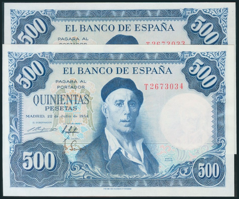 500 Pesetas. 22 de Julio de 1954. Pareja correlativa. Serie T. (Edifil 2017: 468...