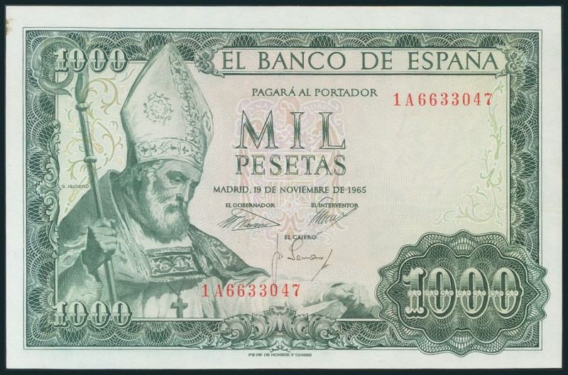 1000 Pesetas. 19 de Noviembre de 1965. Serie 1A. (Edifil 2017: 471b). Apresto or...