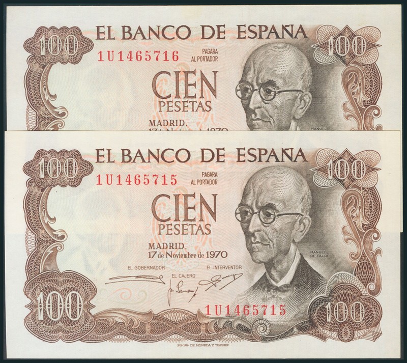 100 Pesetas. 17 de Noviembre de 1970. Pareja correlativa. Serie 1U. (Edifil 2017...