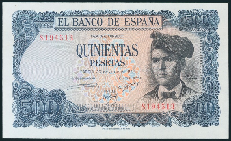 500 Pesetas. 23 de Julio de 1971. Sin serie. (Edifil 2017: 473). SC-.