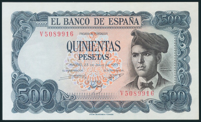 500 Pesetas. 23 de Julio de 1971. Serie V. (Edifil 2017: 473a). Apresto original...