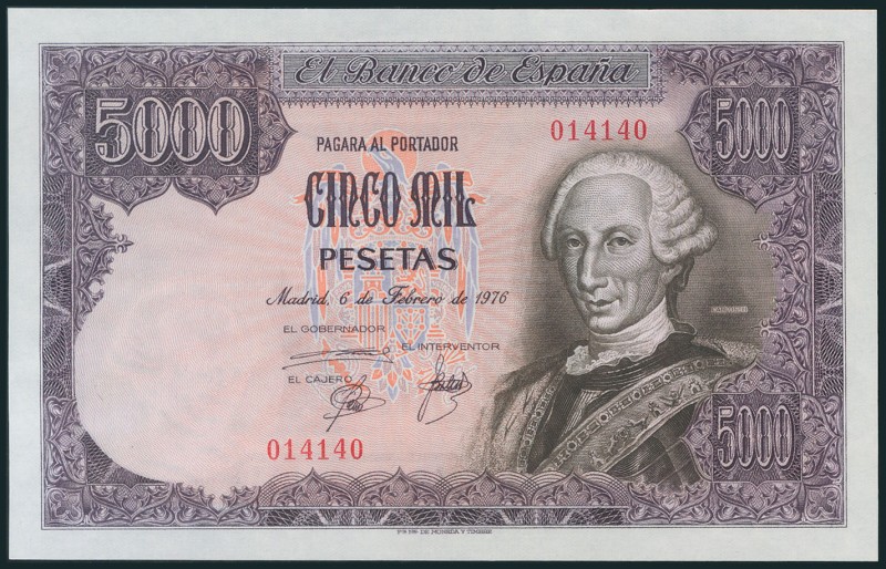 5000 Pesetas. 6 de Febrero de 1976. Sin serie. (Edifil 2017: 475). Apresto origi...