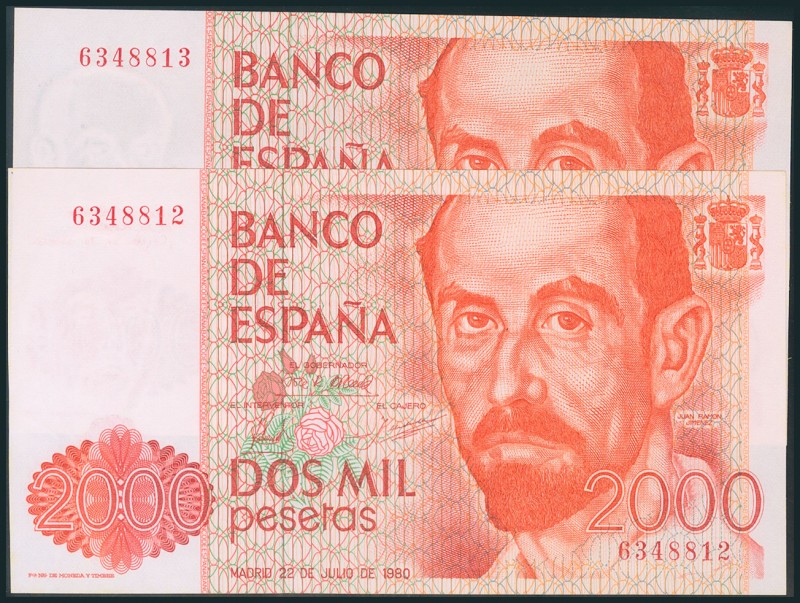 2000 Pesetas. 22 de Julio de 1980. Pareja correlativa. Sin serie. (Edifil 2017: ...