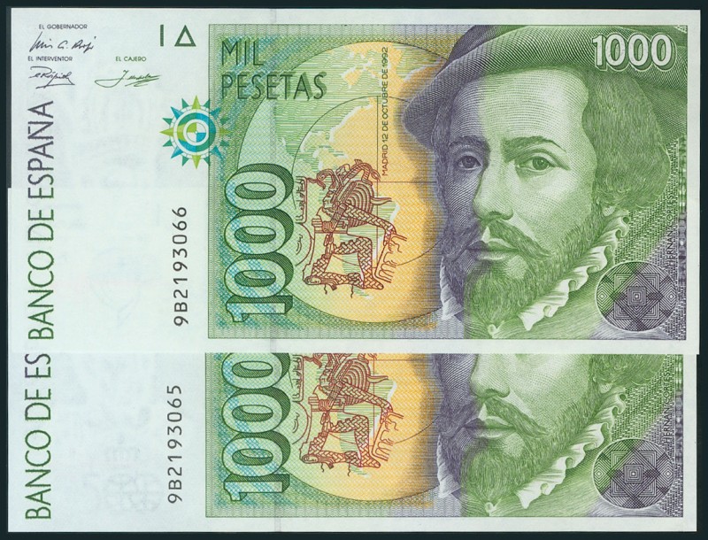 1000 Pesetas. 12 de Octubre de 1992. Pareja correlativa. Serie 9B. (Edifil 2017:...