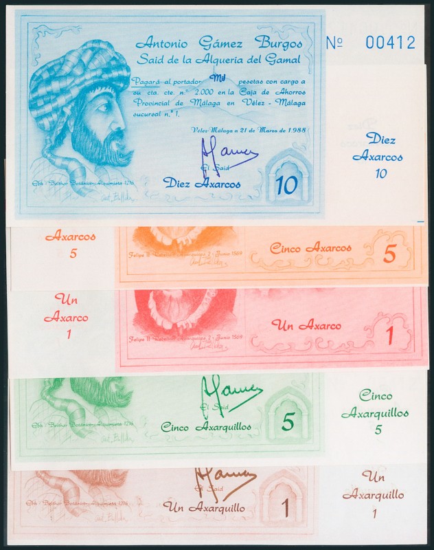 Serie de 5 billetes de 1 y 5 Axarquillos y de 1, 5 y 10 Axarcos. 21 Marzo 1988. ...