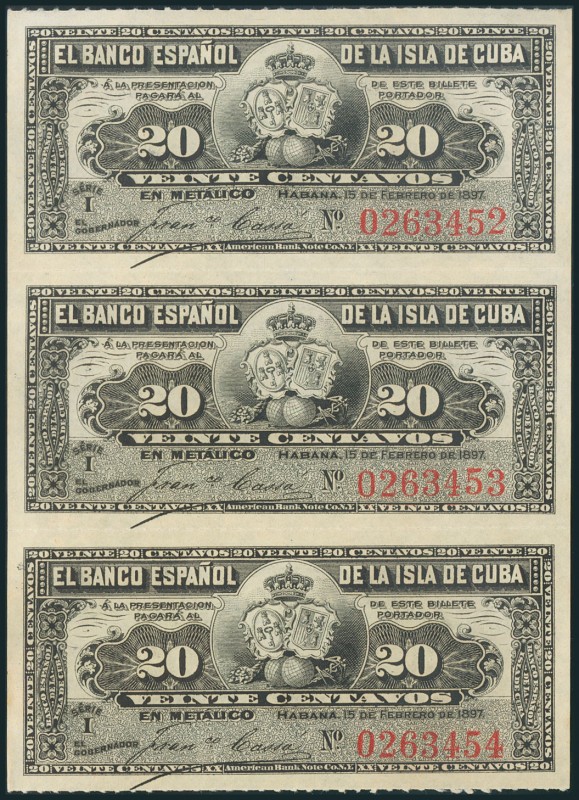 CUBA. 20 Centavos. 15 de Febrero de 1897. Trío correlativo, correspondiente a un...