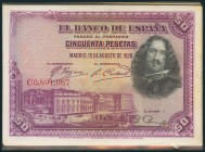 Conjunto de 14 billetes de 50 Pesetas emitidos el 15 de Agosto de 1928 de diversas series y diferentes calidades (Edifil 2017: 354). EBC/MBC-.