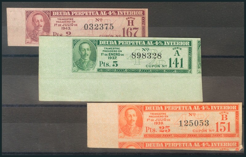 Conjunto de 3 billetes de "Deuda Perpetua" de 2 Pesetas, 5 Pesetas y 25 Pesetas,...