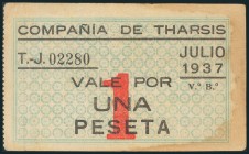 COMPAÑIA DE THARSIS (HUELVA). 1 Peseta. Julio 1937. No catalogado, probablemente único conocido. MBC.