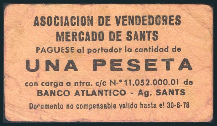 BARCELONA. Vale de 1 Peseta de la Asociación de Vendedores del Mercado de Sants....