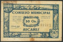 ALCAÑIZ (TERUEL). 50 Céntimos. Junio 1937. (González: 297). Marca de cinta adhesiva. RC.
