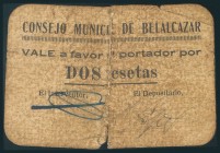 BELALCAZAR (CORDOBA). 2 Pesetas. 1938. (González: 949). Billete cosido. RC.