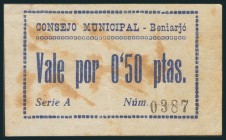 BENIARJO (VALENCIA). 50 Céntimos. 1938. Serie A. (González: 1063). MBC. (coincide con el fotografiado en la obra de Rafael González Hidalgo).