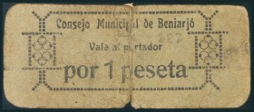 BENIARJO (VALENCIA). 1 Peseta. (1938ca). (González: 1065). Raro. RC.