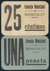 BENICOLET (VALENCIA). 25 Céntimos y 1 Peseta. (1938ca). (González: 1082/83). Raros. EBC. (coincide con los fotografiados en la obra de Rafael González...