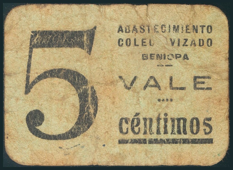 BENIOPA (VALENCIA). 5 Céntimos. (1937ca). (Gónzález: 1147). Raro. RC. (coincide ...