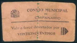 CAMPANARIO (CACERES). 25 Céntimos. (1938ca). (González: 1449). Billete cosido. RC.
