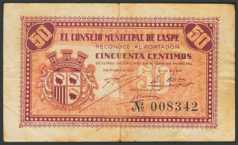 CASPE (ZARAGOZA). 50 Céntimos. (1938ca). (González: 1738). BC.