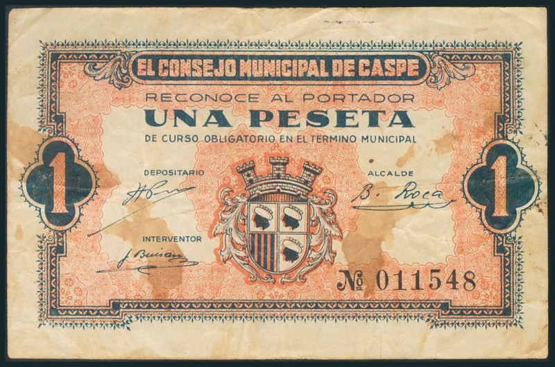 CASPE (ZARAGOZA). 1 Peseta. (1938ca). (González: 1739). BC.