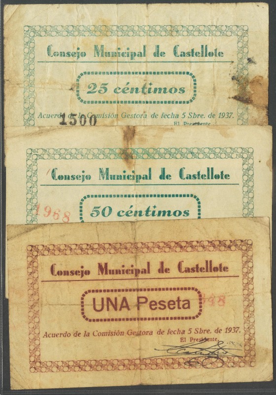 CASTELLOTE (TERUEL). 25 Céntimos, 50 Céntimos y 1 Peseta. 5 de Septiembre de 193...