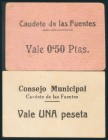 CAUDETE DE LAS FUENTES (VALENCIA). 50 Céntimos y 1 Peseta. (1938ca). (González: 1852/53). Raros. EBC+.