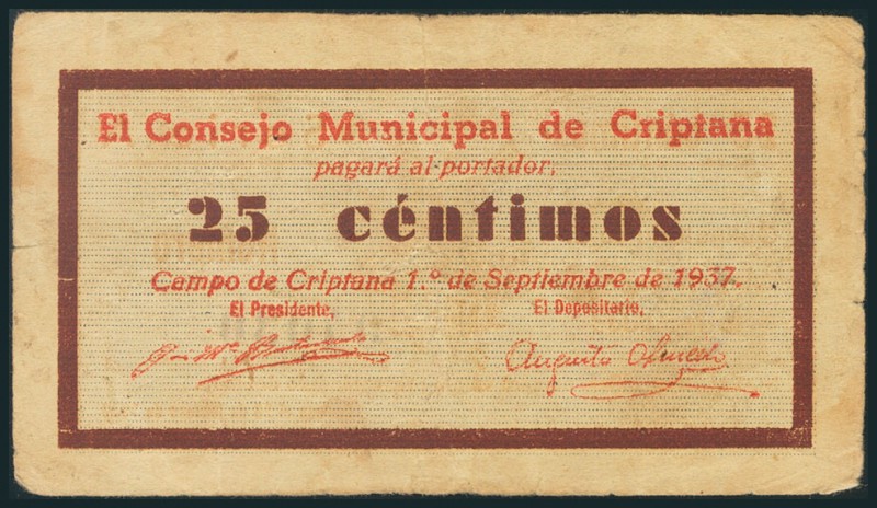 CAMPO DE CRIPTANA (CIUDAD-REAL). 25 Céntimos. 1 de Septiembre de 1937. Serie A. ...