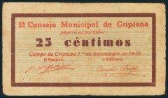 CAMPO DE CRIPTANA (CIUDAD-REAL). 25 Céntimos. 1 de Septiembre de 1937. Serie A. (González: 2096). BC.