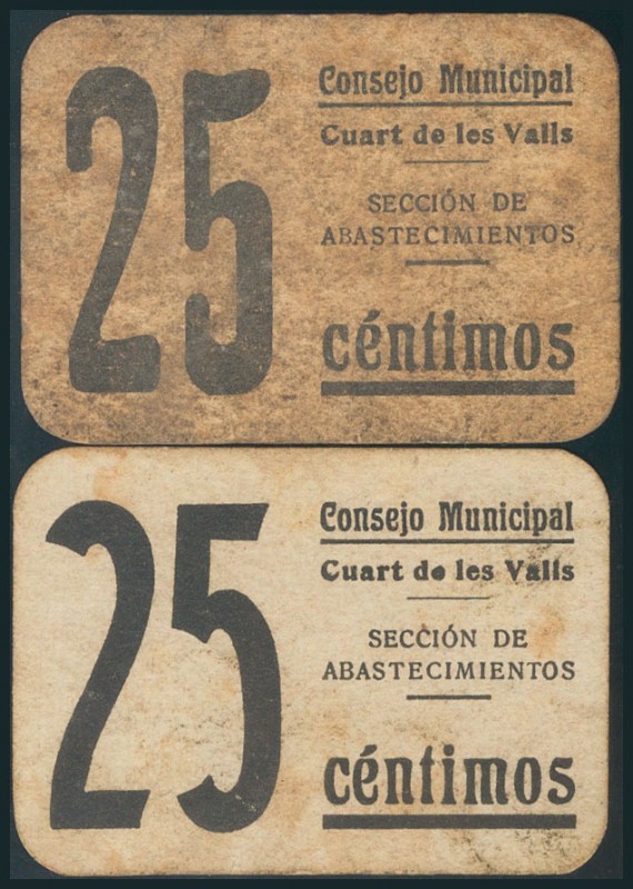CUART DE LES VALLS (VALENCIA). 25 Céntimos, ambos tipos "letras rectas" y "letra...