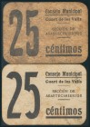 CUART DE LES VALLS (VALENCIA). 25 Céntimos, ambos tipos "letras rectas" y "letras curvas". (1938ca). (González: 2104/05). Rarísimos. BC. (coincide con...