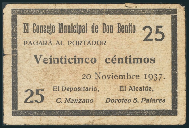 DON BENITO (BADAJOZ). 25 Céntimos. 20 de Noviembre de 1937. (González: 2238). BC...