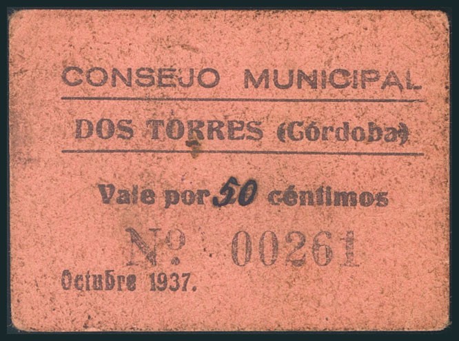DOS TORRES (CORDOBA). 50 Céntimos. Octubre 1937. (González: 2255). Muy raro. MBC...