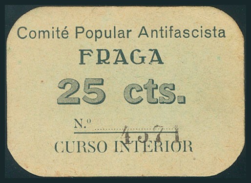 FRAGA (HUESCA). 25 Céntimos. (1938ca). (González: 2503). Rarísimo. EBC.